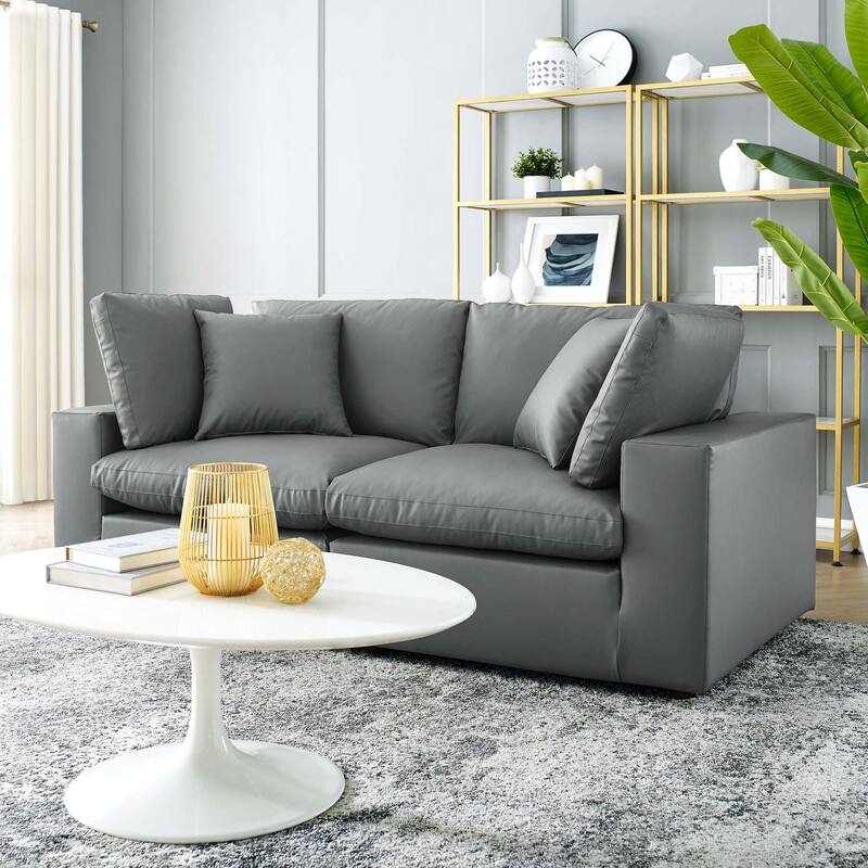 Commix Down Filled Overstuffed Vegan Leather Loveseat - Grey