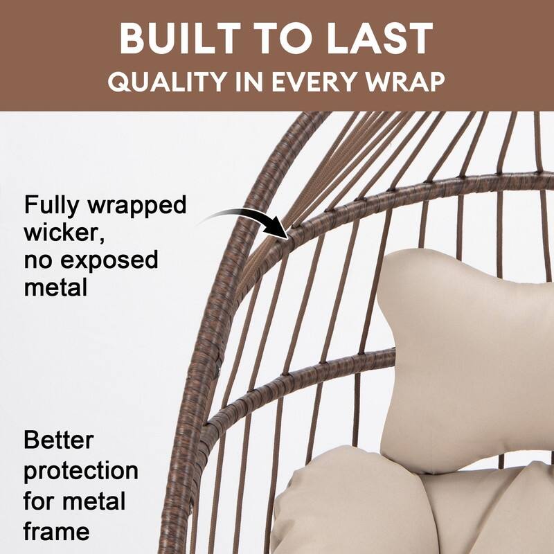 Oversized Wicker Hanging Egg Chair with Stand, Outdoor Indoor Swing Chair with Cushion, 350 lb Capacity