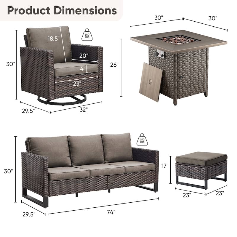 6 Pieces Fire Pit Table with Sofa Swivel Chair Ottoman Set
