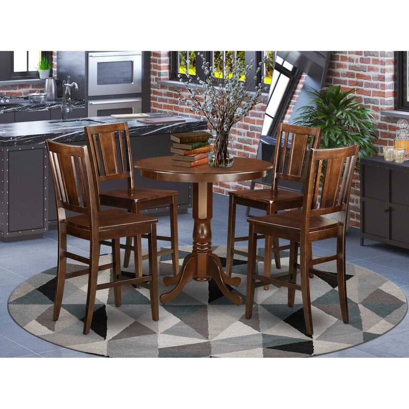 HomeStock 5-Piece Round Mahogany Finish Solid Wood Top Dining table with 4 Chairs with Lattice Back