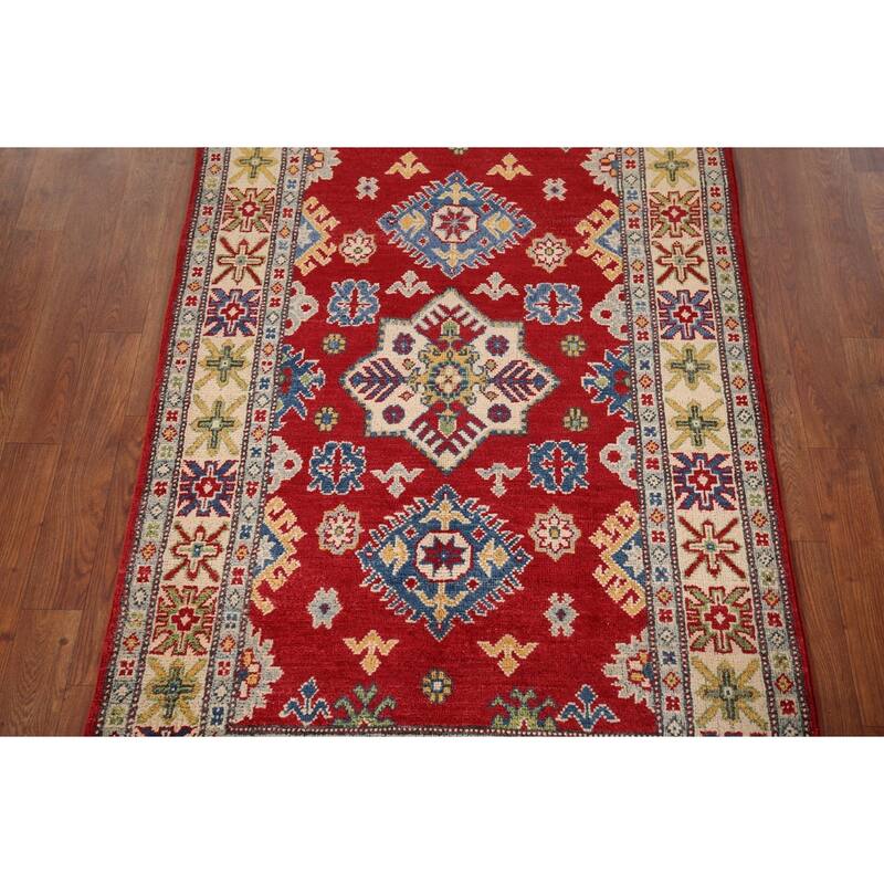 Red Traditional Geometric Kazak Accent Rug Hand-Knotted Wool Carpet - 3'1" x 5'0"