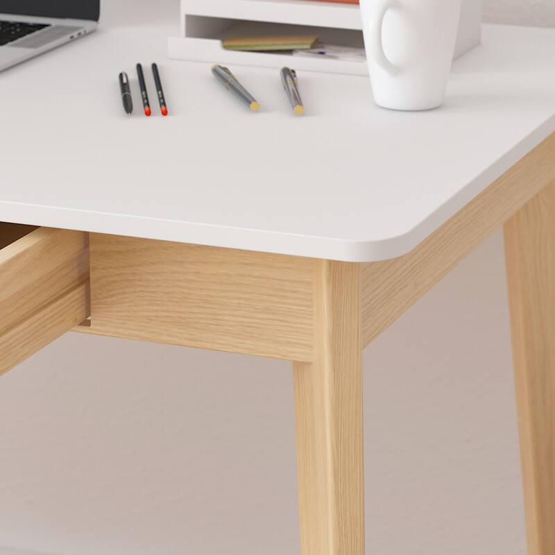 Timechee White Wooden Computer Desk, 47" Writing Desk with 2 Drawers
