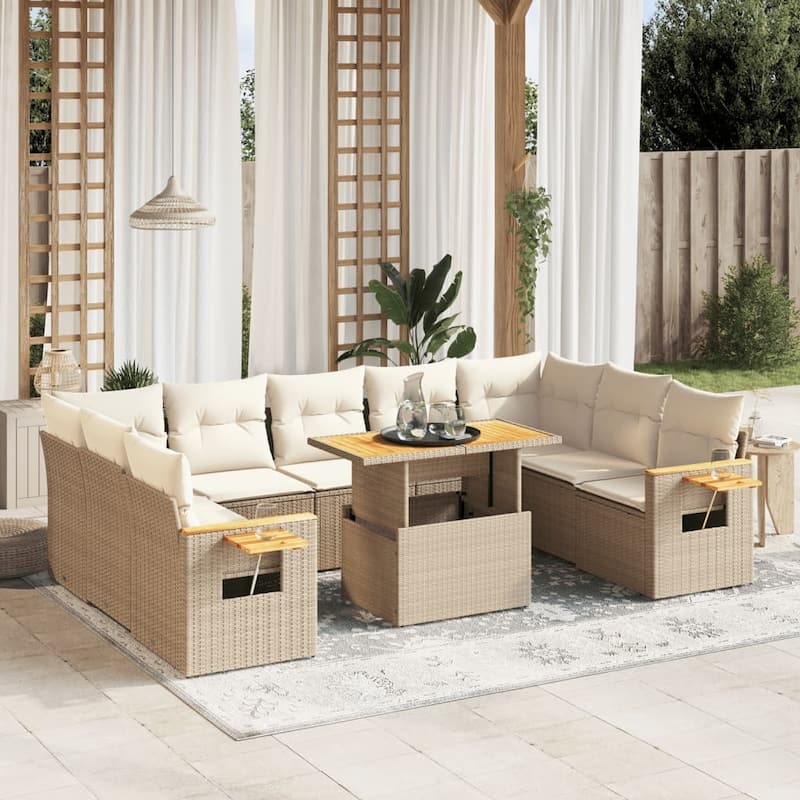 vidaXL Patio Sofa Set with Cushions Outdoor Furniture 10 Piece Poly Rattan - Beige and cream - 21.7 x 39.4 x 28.7 in