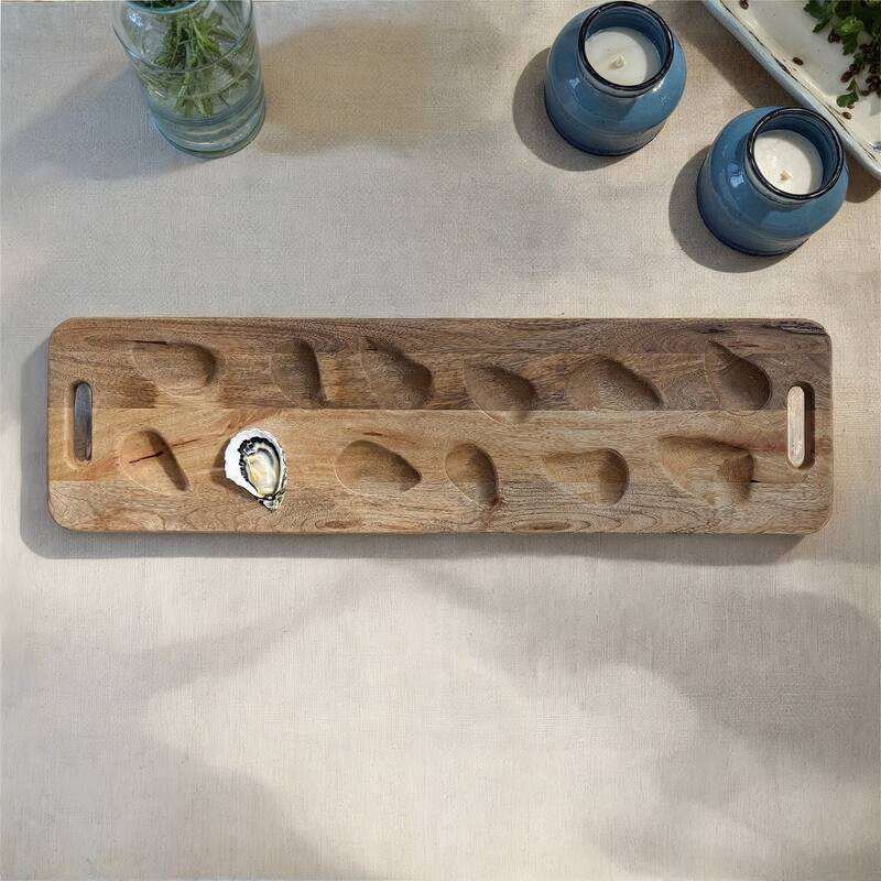 Mango Wood Oyster Serving Board with Handles - 36.0"L x 10.0"W x 1.0"H - Natural