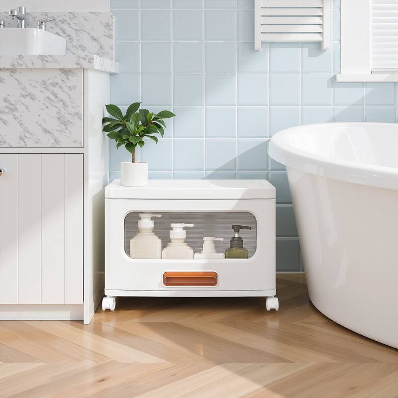 VECELO White Rolling Storage Cabinet with Transparent Doors 1/2/3-Tier Plastic Storage Bins with Wheels for Bedroom Living Room