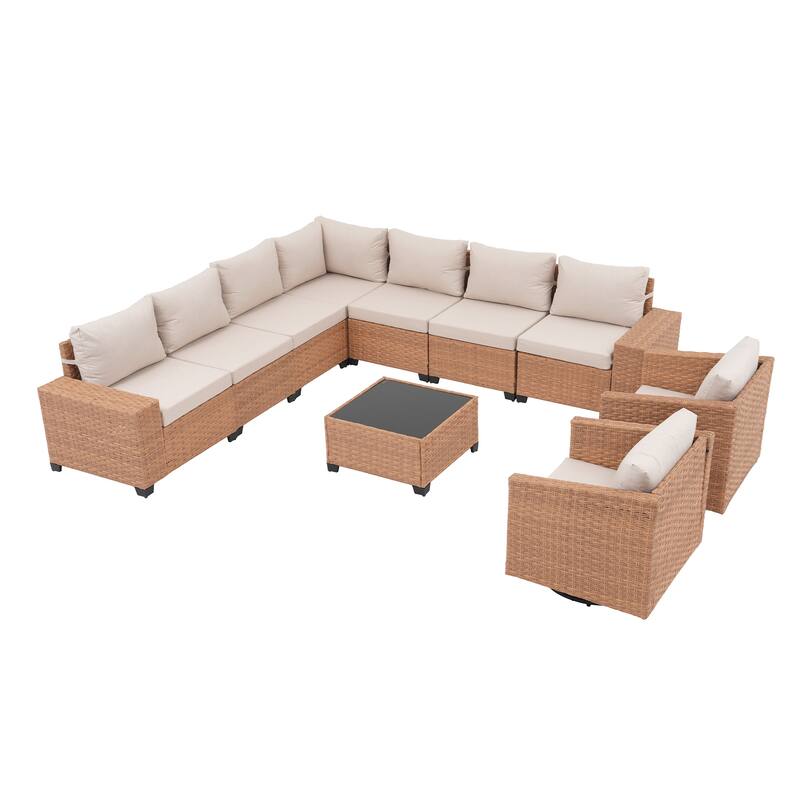 Outdoor Conversation Set L-Shaped Corner Sectional Sofa 10-Piece with Swivel Chair and Coffee Table PE Wicker Rattan