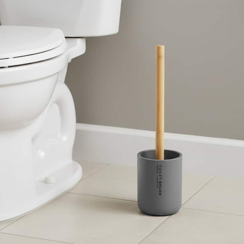 Chic Matte Toilet Brush Holder Set with Natural Bamboo Handle - 4 L x 4 W x 14.8 H - Gray
