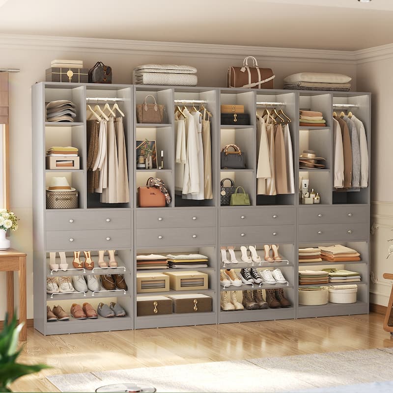 27.7'' Closet Organizer with Shoe Racks and Drawers, Closet System with Hanging Rod and Adjustable Shelves