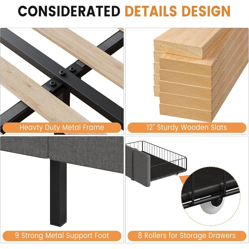 Upholstered Platform Bed Frame with Storage Drawers, No Box Spring Needed, Grey