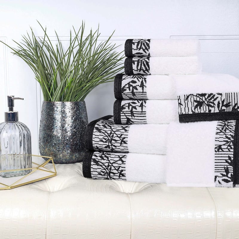 Superior Wisteria Cotton Floral Jacquard 8 Piece Bathroom Towel Set - White/Black