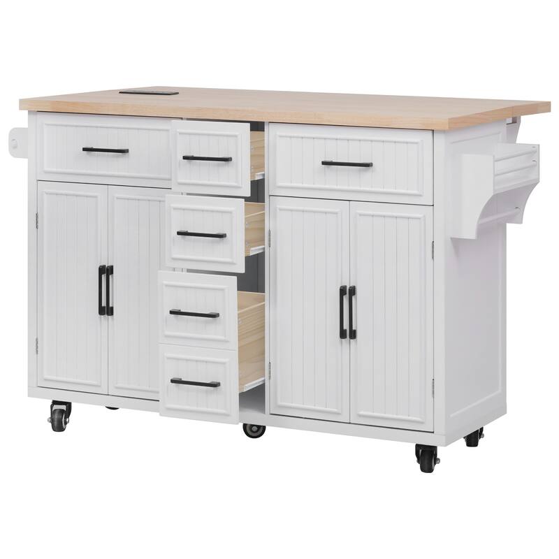 56.5"Kitchen Island with Drop Leaf, Power Outlet, Rolling Kitchen Cart on Wheels with 4 Doors, 5 Drawers and Adjustable Shelves