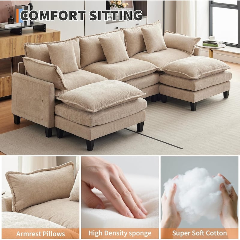 112.2" Sectional Cloud Couch, Modular Sectional Couches Sofa for Living Room with Movable Ottoman, 3-Seater Chenille