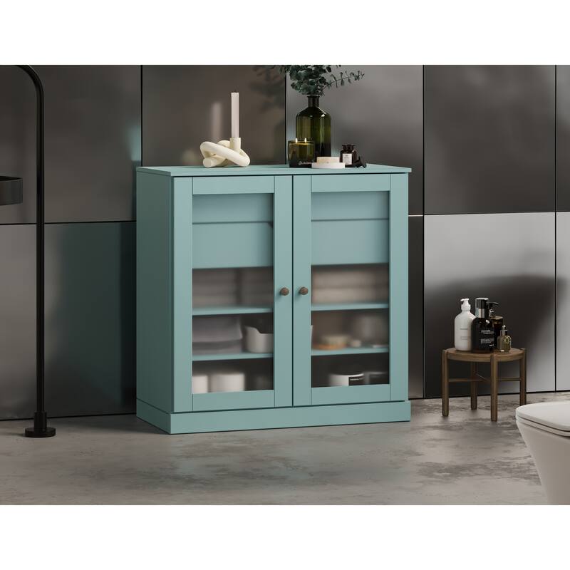 Palace Imports 100% Solid Wood 32" Bathroom Cabinet with Frosted Glass Doors, 2-Drawers and Adjustable Shelves - Aqua Blue