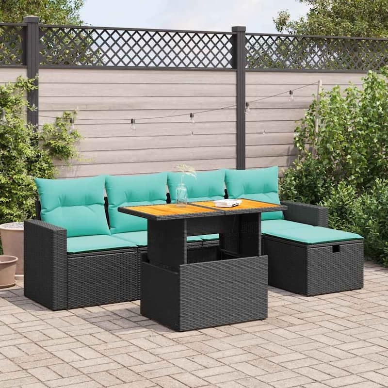 vidaXL Patio Sofa Set with Cushions Outdoor Furniture 6 Piece Poly Rattan - Black-with storage - 24.4 x 24.4 x 27.2