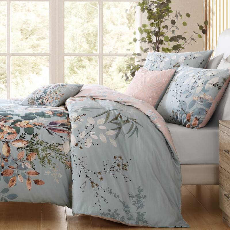 Bebejan Peach Leaves on Sage 100% Cotton 5-Piece Reversible Comforter Set