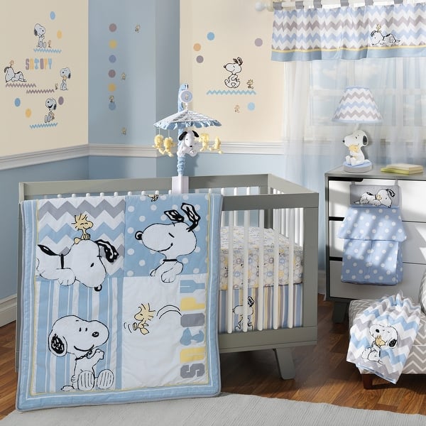 Lambs Ivy My Little Snoopy Blue White Gray Yellow Nursery 4 Piece Baby Crib Bedding Set Overstock 23497275