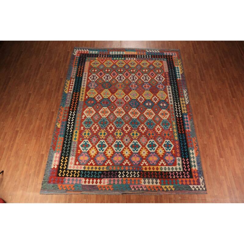 All-Over Geometric Kilim Oriental Area Rug Hand-Woven Wool Carpet - 9'10"x 12'8"