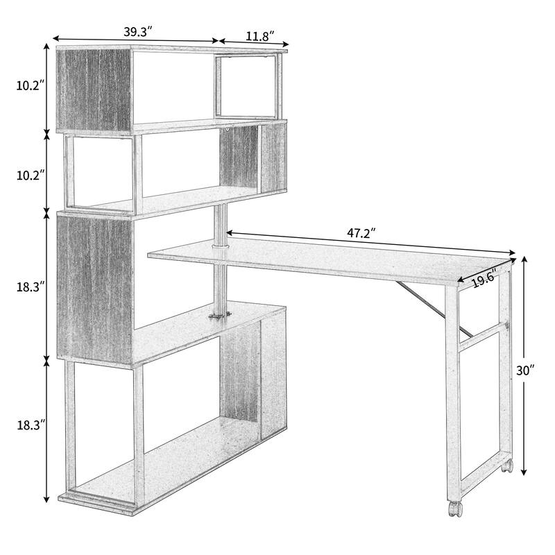 Home Office Computer Desk L-Shaped Corner Table, Rotating Office Desk with 5-Tier Bookshelf & Lockable Casters