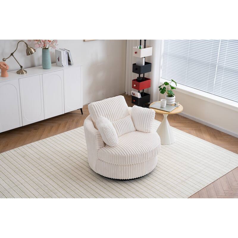Corduroy Swivel Barrel Chair, Ergonomic Upholstered Round Armchair, Reading Sofa Chair with 3 Pillows & Thick Cushion