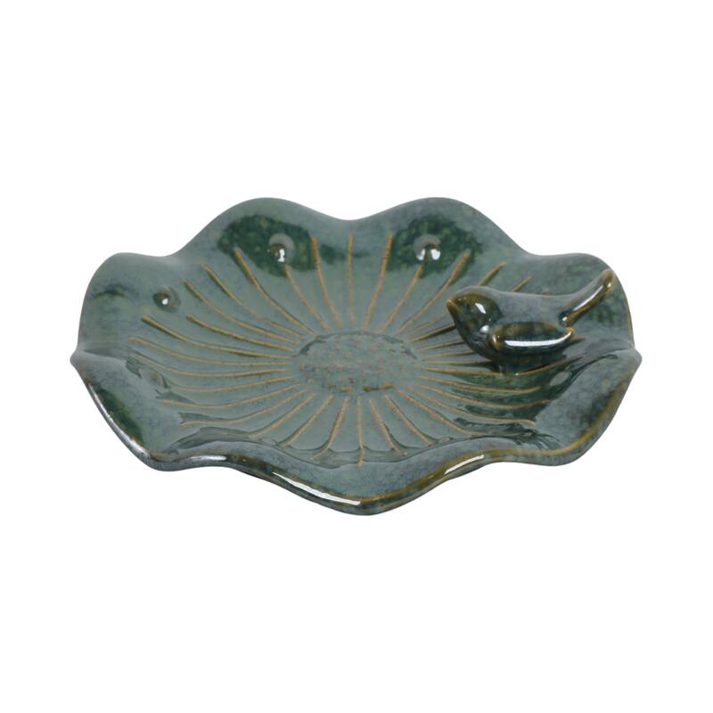Stoneware Flower Birdbath Perched Bird in Glaze Finish - 10" Green - 10" x 10" x 2"