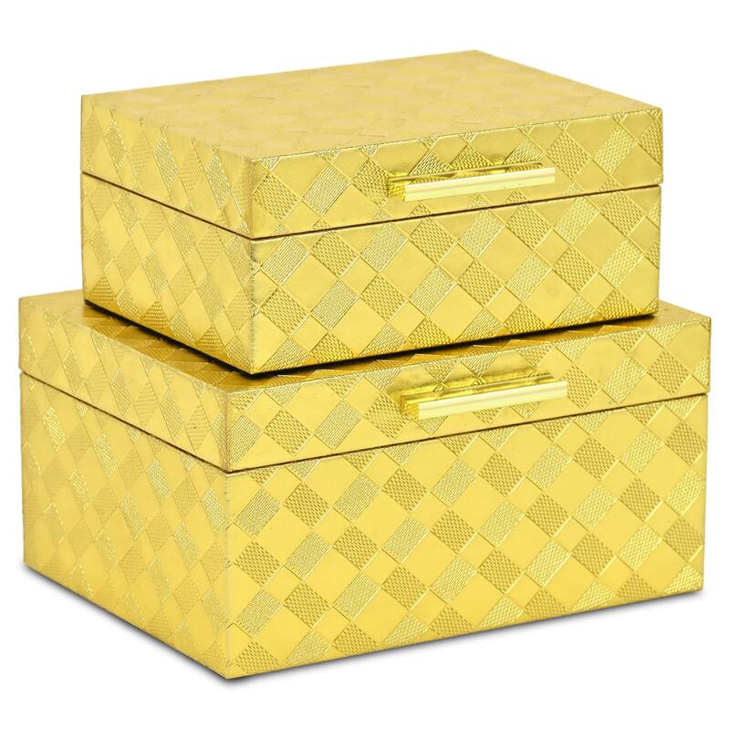 Zuleika Set of 2 Rectangular Decorative Storage Boxes - Gold Checkered Diamond Pattern - N/A