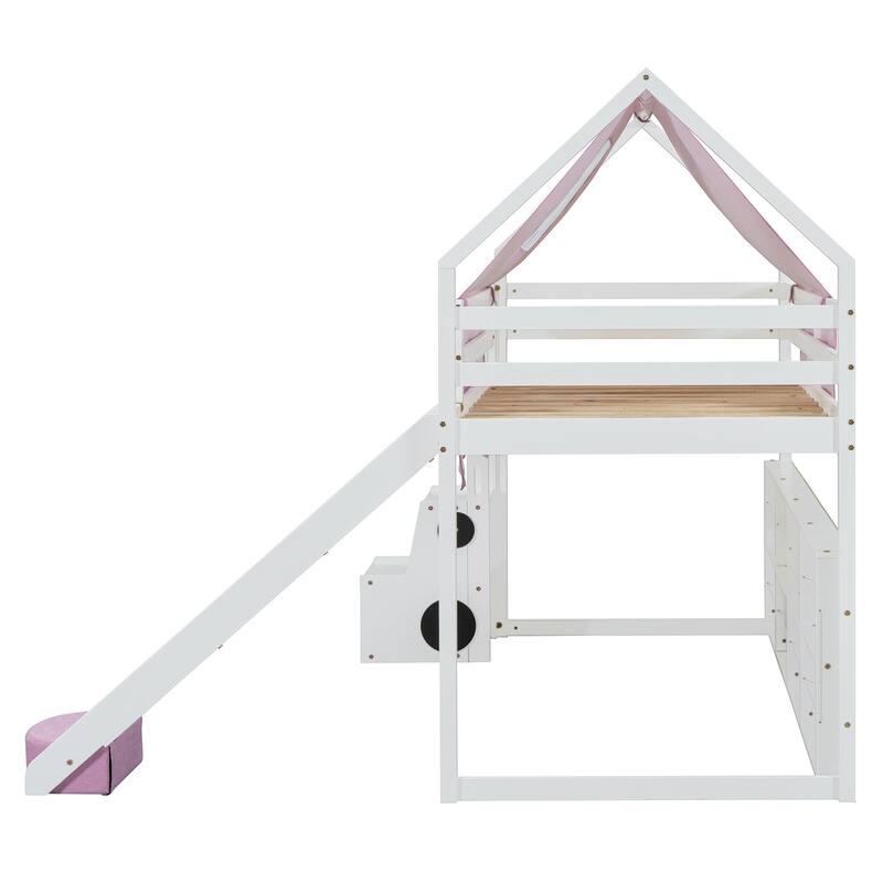 Twin Size Wooden Loft Bed with House-Shaped Frame, Tent, Slide, and Storage, White and Pink