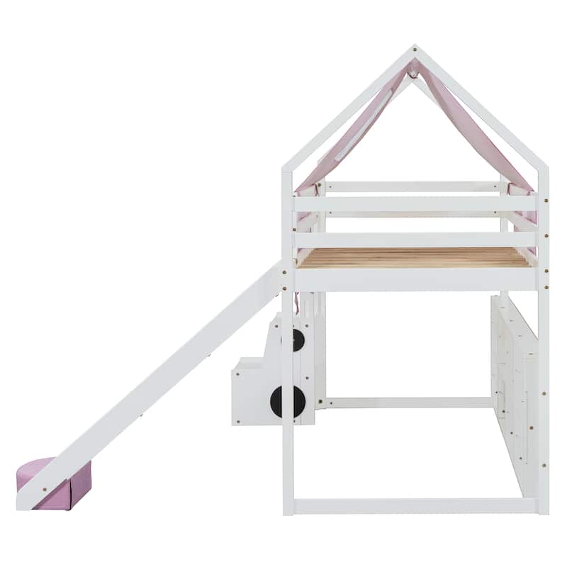 Twin Wooden Loft Bed with House Frame Slide Ladder and Storage Shelves