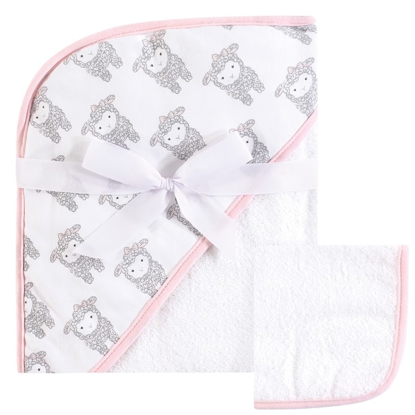 slide 1 of 1, Hudson Baby Infant Girl Cotton Hooded Towel and Washcloth 2pc Set, Little Lamb, One Size - Little Lamb - One Size Little Lamb