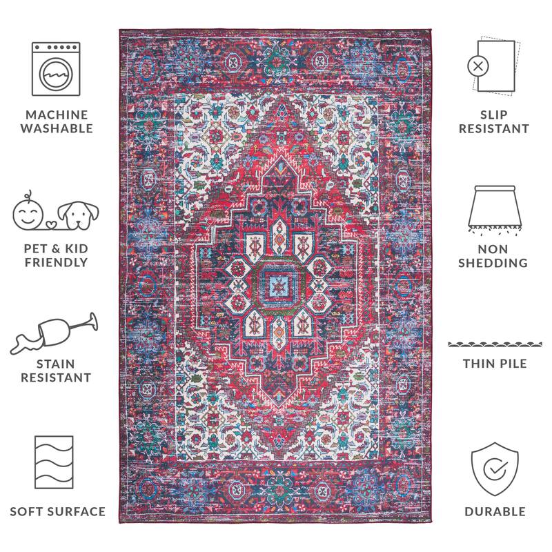 SAFAVIEH Tucson Machine Washable Slip Resistant Heide Oriental Rug - 5' x 8' - Red/Blue