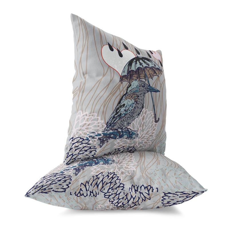 Silver And Brown Bird with Umbrella Indoor/Outdoor Throw Pillow Zipper