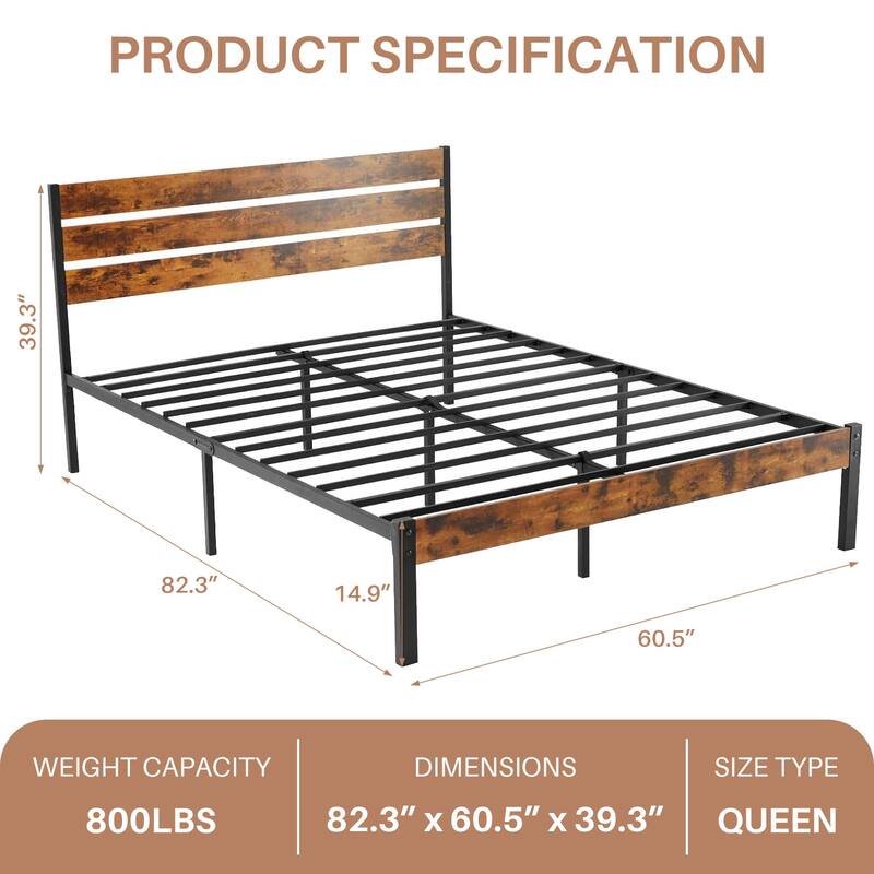 Wood Platform Bed Wood Bed Frame with Headboard, No Box Spring Needed