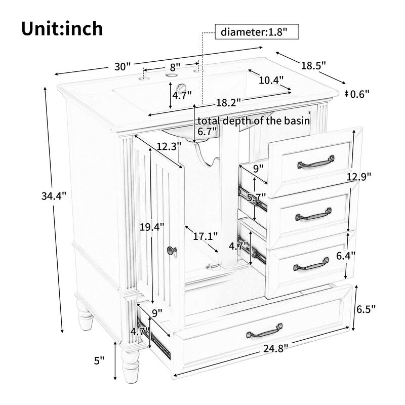 Modern Bathroom Vanity with Semilune Ceramic Sink, Storage Cabinet, and Adjustable Foot Pads - 30in L