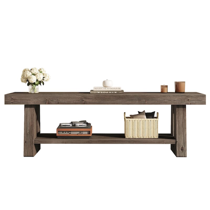 2-Tier Solid Wood TV Stand with Storage Shelves, Entertainment Center Television Console for 75-Inch TVs Living Room Bedroom
