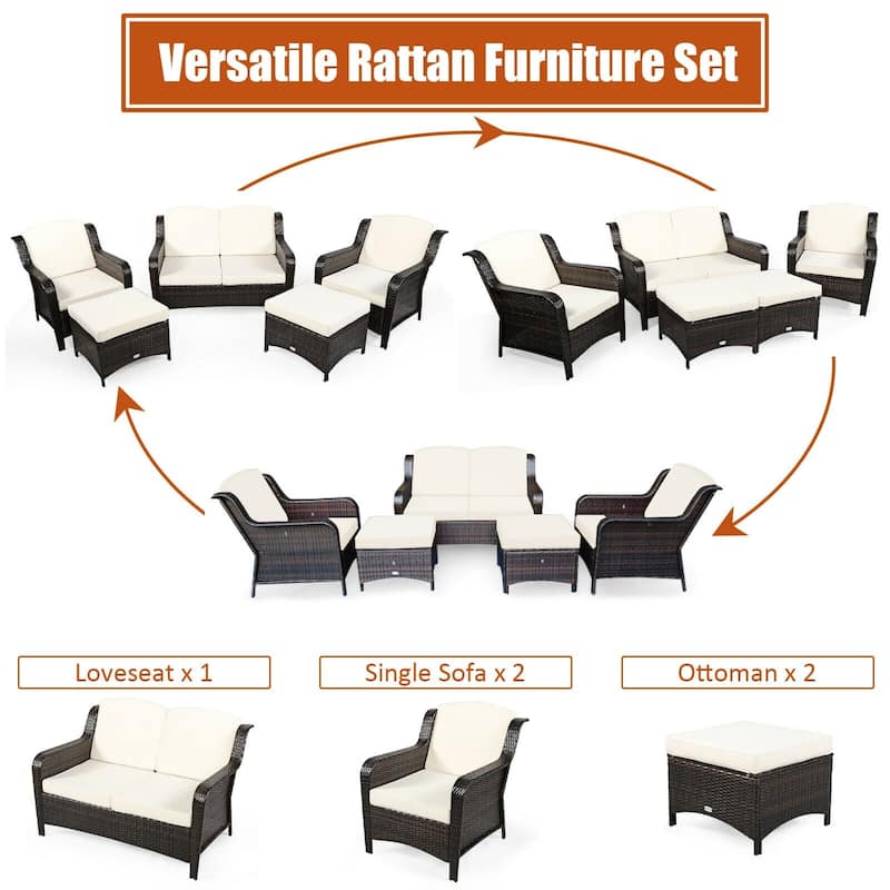 5 Pieces Patio Rattan Sofa Set with Cushion and Ottoman - 51" x 33.5" x 33" (L x W x H)