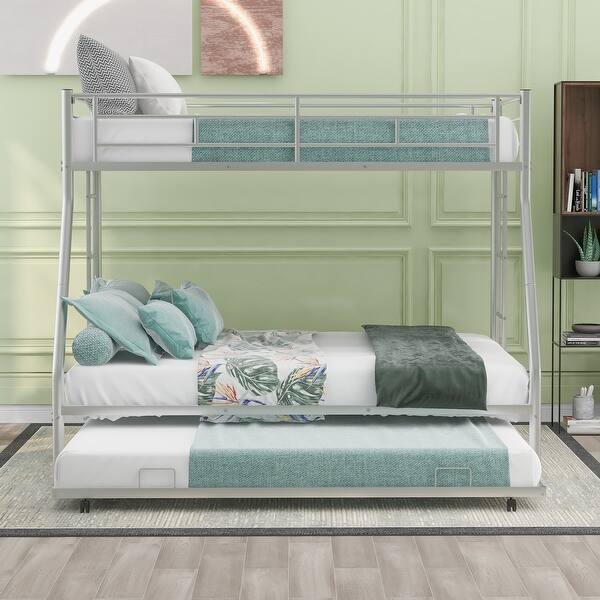 slide 2 of 12, Modern Design Twin over Full Bunk Bed with Twin Size Trundle and Dual Side Ladders Silver