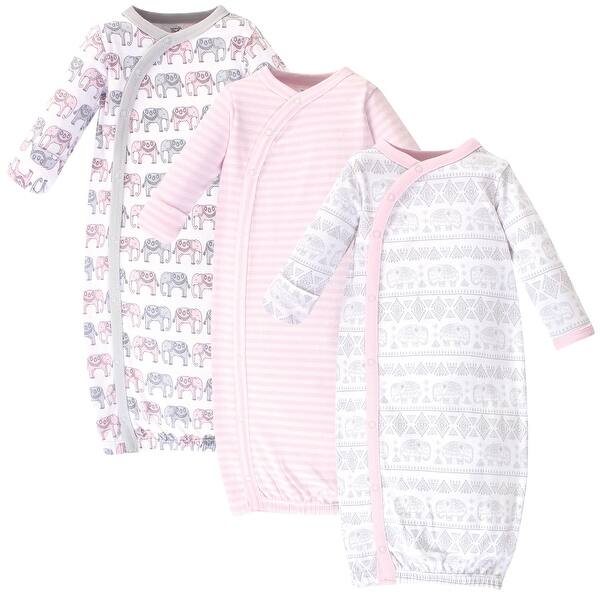 slide 1 of 1, Touched by Nature Baby Girl Organic Cotton Side-Closure Snap Long-Sleeve Gowns 3pk, Pink Gray Elephant 0-6 Months - Pink Gray Elephant