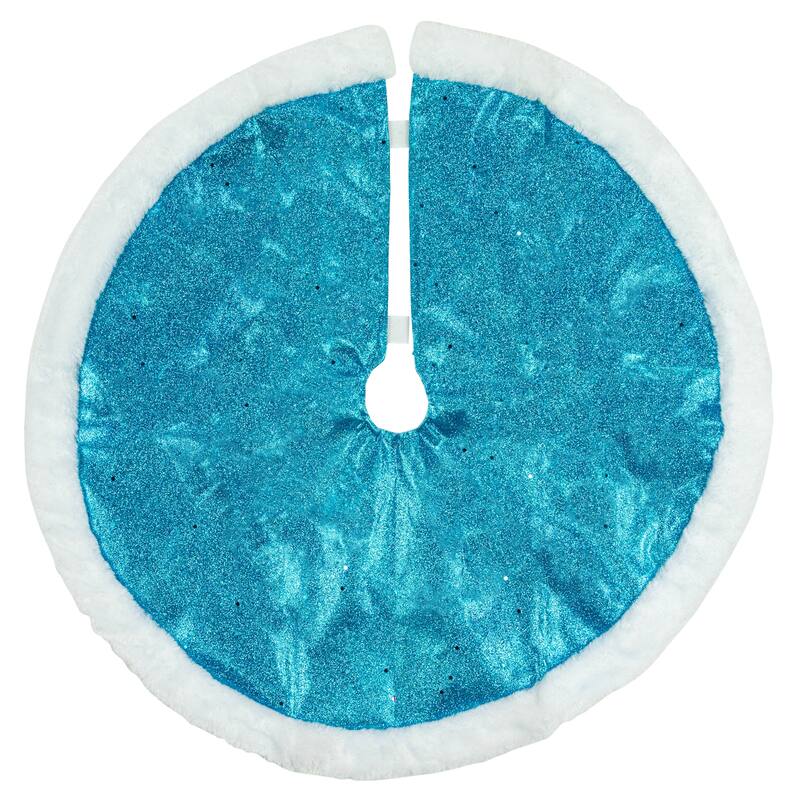 20" Blue Glittered Mini Christmas Tree Skirt with Fur Trim - 20