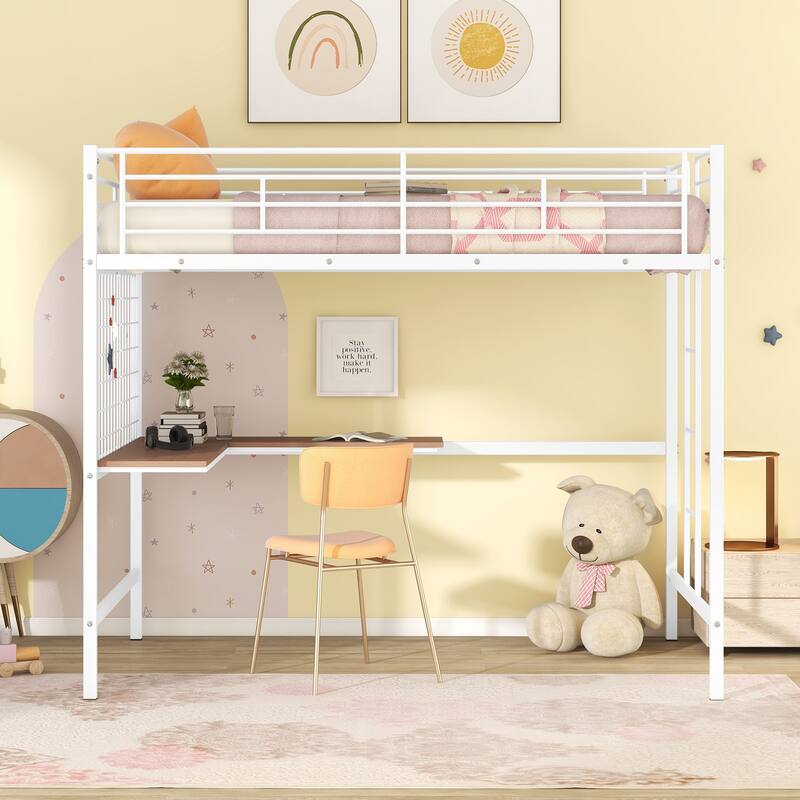 White Full Metal Loft Bed with Desk and Storage Space, Durable and Stylish