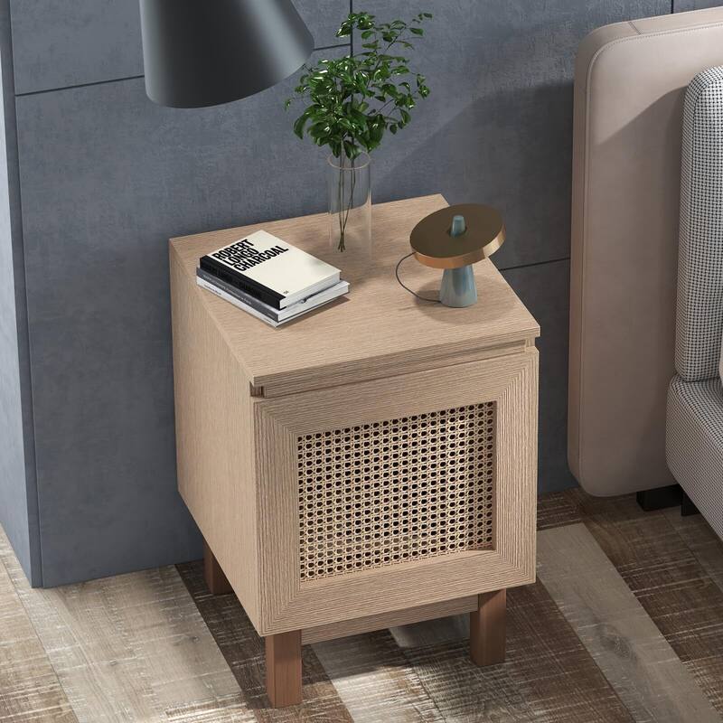 End Table, Modern Rattan Nightstand, Side Table with Retractable Desktop