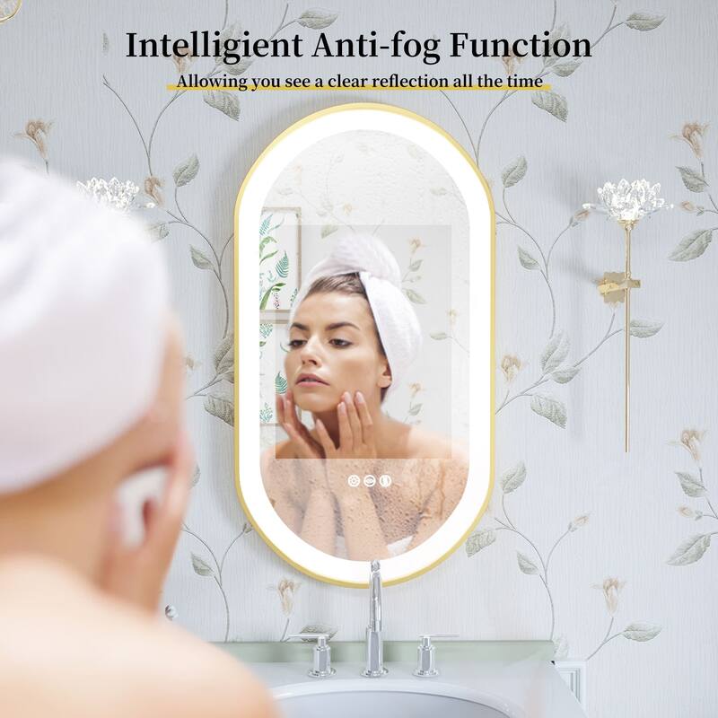 Modern LED Oval Bathroom Mirror Gold Frame Wall Vanity Mirror