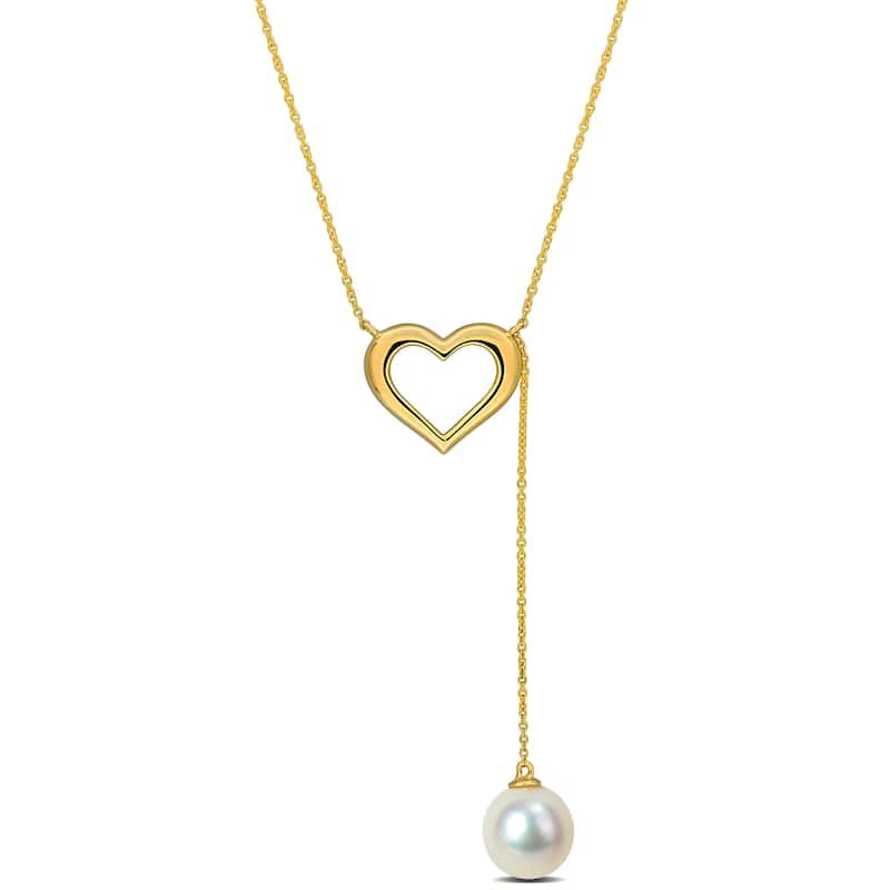 Miadora 8-8.5mm Cultured Freshwater Pearl Heart Lariat Necklace in 10k Yellow Gold - 17+1 in