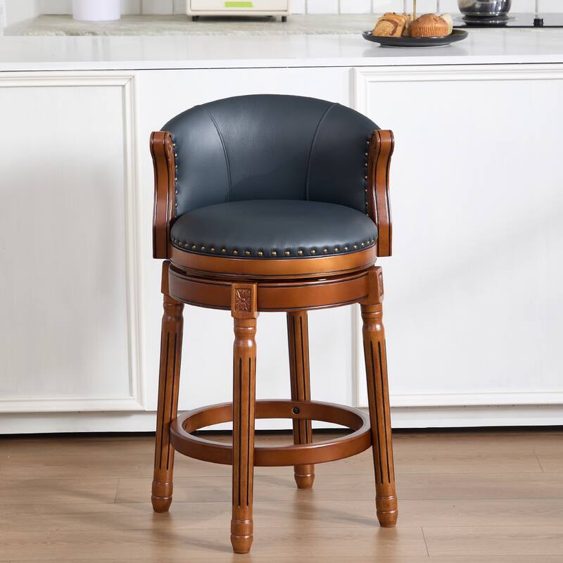 Cow Print Leather Swivel Bar Stool with Back, Wooden Frame & 360-Degree Spin, Bar Height, Blue