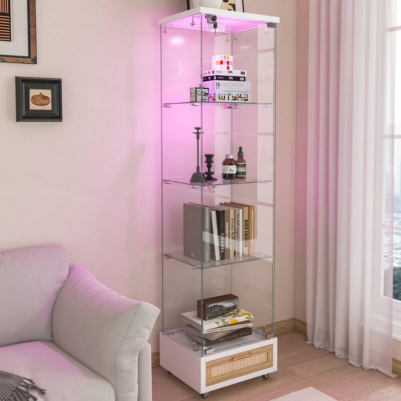 Modern Glass Display Cabinet with Drawer and LED lights for Living Room and Bedroom