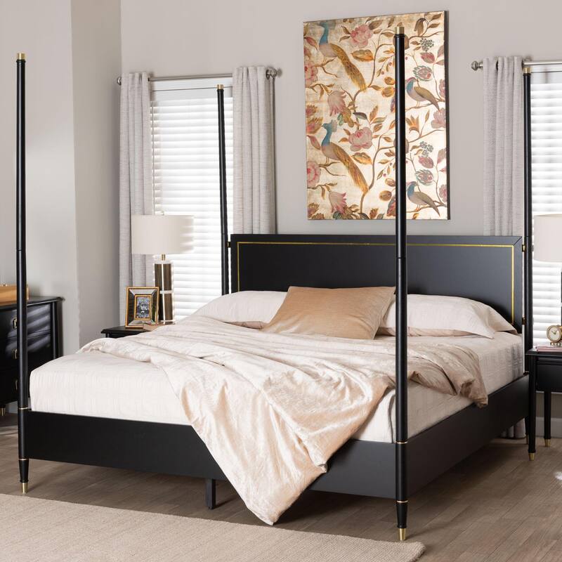 Tamra Four-Poster Platform Bed - Black Wood Bed Frame with Metallic Trim and Capped Legs, Modern Transitional Style, King