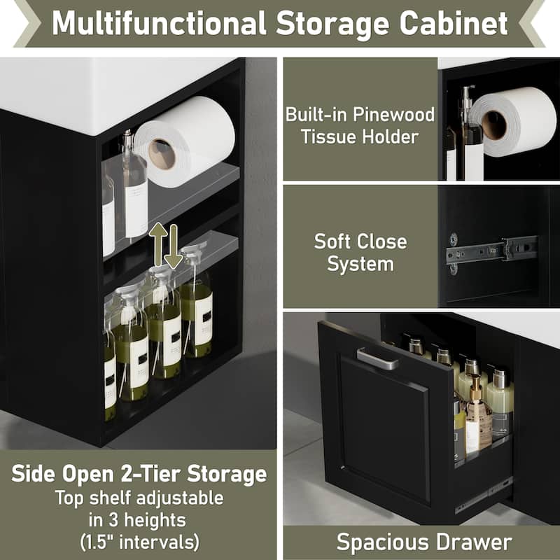 21.8 inch Bathroom Vanity with Sink, Wall Mounted Floating Cabinet, One big Drawer, Adjustable Shelf, Toilet Paper Holder