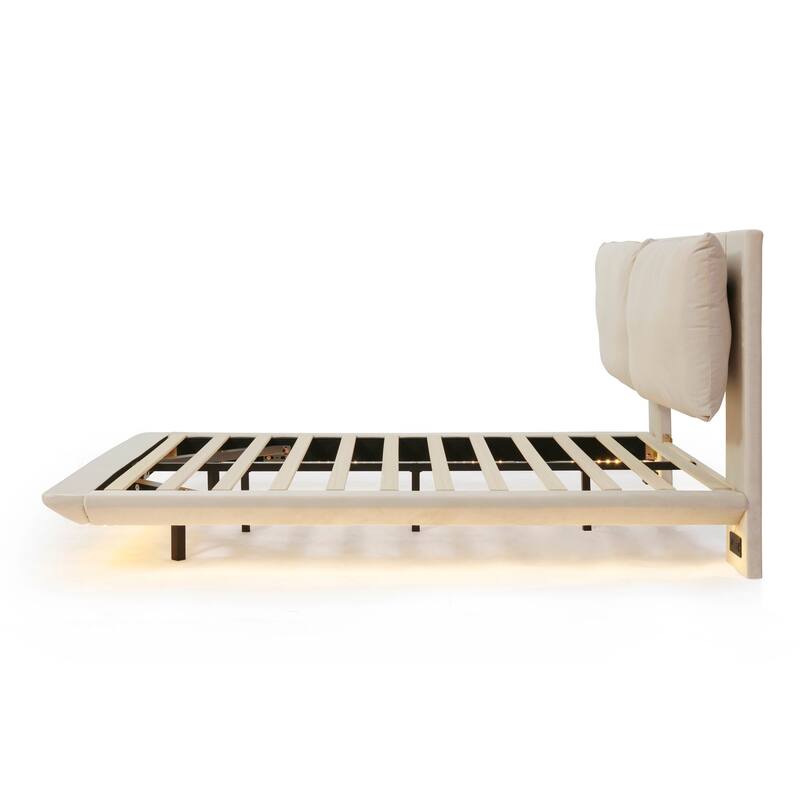 Upholstered Platform Bed w/ Sensor Light & Backrests, 2 Sets of Socket