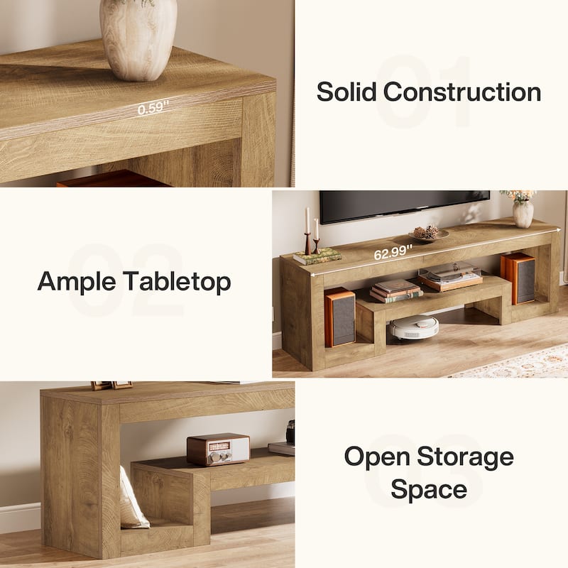 63-Inch TV Stand for 55/60/65-Inch TVs, Farmhouse Entertainment Center with Open Storage Shelves - 62 inches