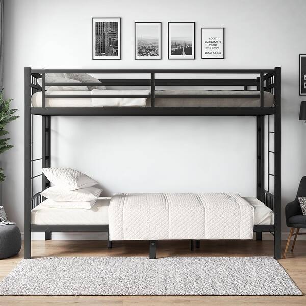 slide 2 of 8, Queen over Queen Bunk Bed for Teens and Adults, Space-Saving Metal Platform Beds Black