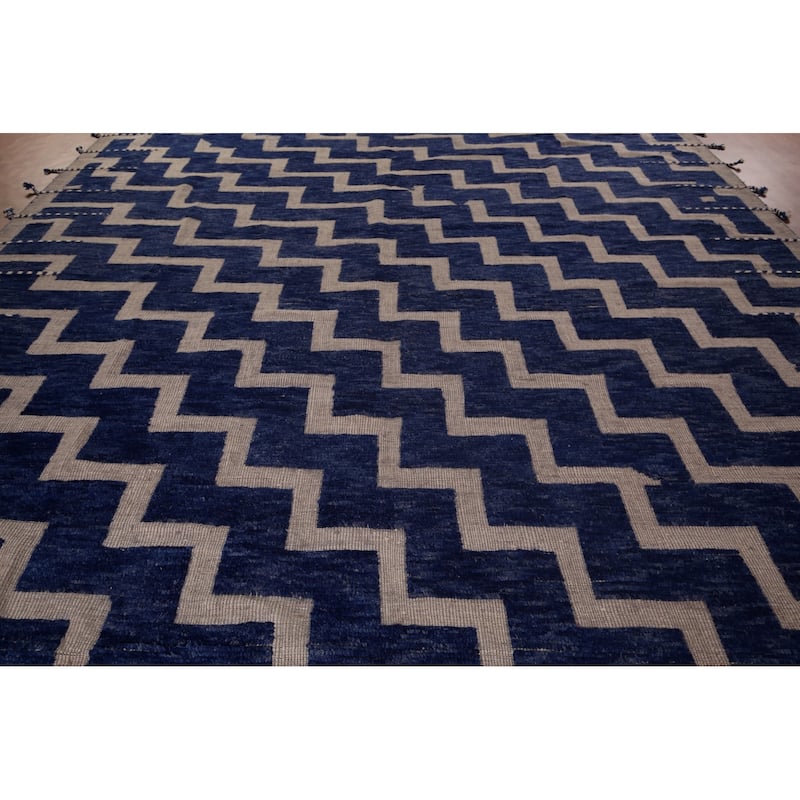 Blue Geometric Moroccan Modern Large Area Rug Hand-Knotted Wool Carpet - 11'8"x 15'6"