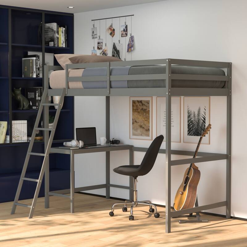 Traditional Wood Slat Loft Bed with Integrated Desk & Ladder
